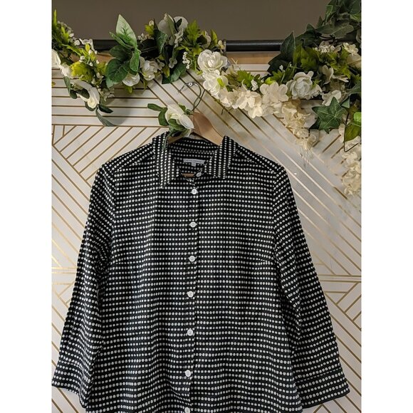 ANNA THOMAS Women's Button Up Collared Blouse Navy Blue White Cotton Size 14 - Picture 2 of 7